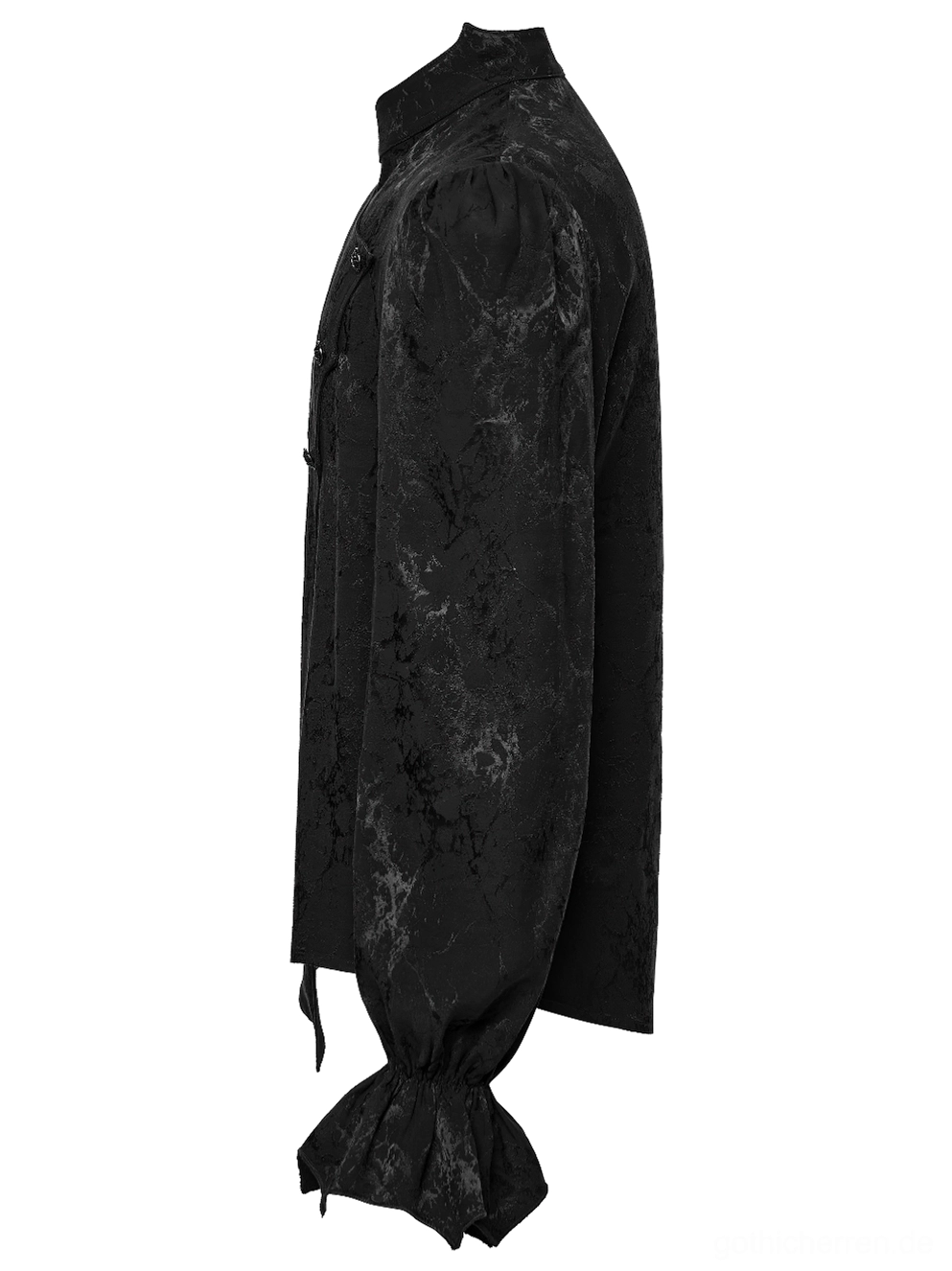 Gothic Hemd Seitenprofilansicht Flat Lay, voluminöse Bischofärmel mit Puffvolumen, strukturierter Stehkragen, Seitensilhouette, gemottelte Jacquard-Webtextur, dunkelbraune und schwarze Farbvariationen