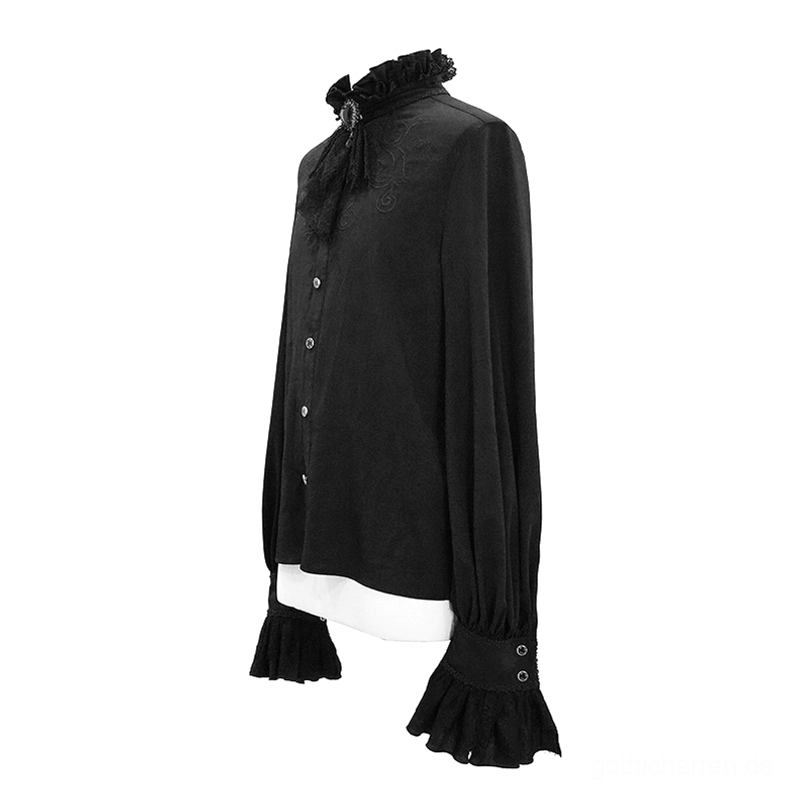 Schwarzes Gothic Rüschenhemd Seitenwinkel drei Viertel Flachansicht hoher Kragen und Bishop Ärmel