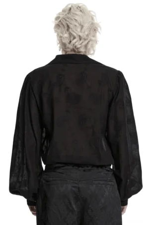 Schwarzes Gothic-Hemd mit Ballonärmeln - Rückenansicht Portrait-Stil, zeigt durchgehende Tonal-Paisley-Rebenstickerei und lockere Silhouette des viktorianischen Designs