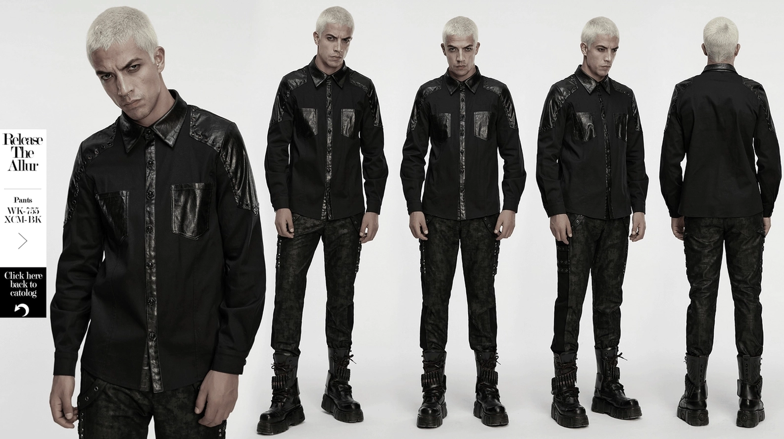 Schwarzes gothic twill hemd vollständiges produkt-übersicht zeigt taillierte silhouette, gummiert kunstlederschulter-panele und punk-gothic styling