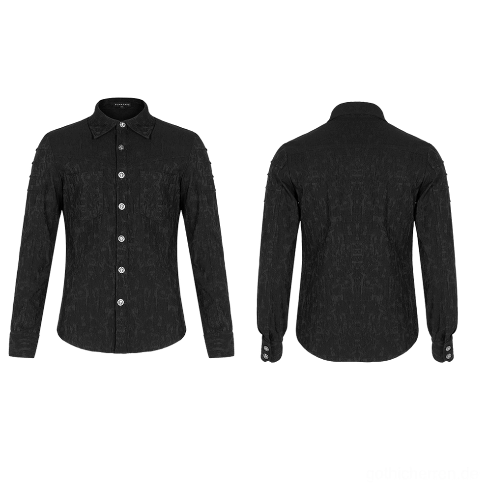 Schwarzes Gothic langes Jacquard Hemd - Vorder- und Rückansicht Flat-Lay-Anzeige zeigt volle Silhouette und taillierten Slim-Fit Schnitt
