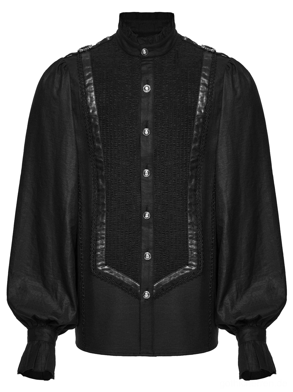 Schwarzes Gothic Hemd Detail - Vorderansicht Flatlay zeigt gestrickte Plisseepaneel und runde Vintage-Metallknöpfe