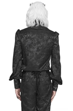 Gothic-Hemd Rückansicht Modell schwarzes Paisley-Jacquard Muster strukturierter Rüschenkragen viktorianischer Schnitt