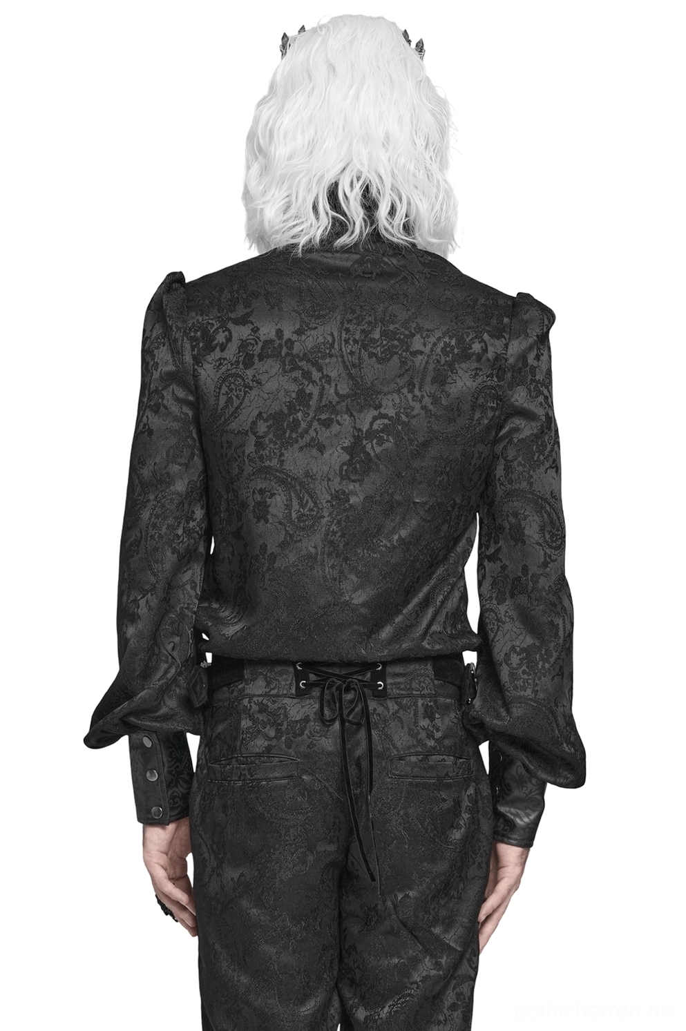 Gothic-Hemd Rückansicht Modell schwarzes Paisley-Jacquard Muster strukturierter Rüschenkragen viktorianischer Schnitt
