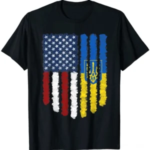 Schwarzes Herren-T-Shirt mit ukrainisch-amerikanischer Flaggen-Grafik in Watercolor-Stil, Tryzub-Emblem, Crew-Neck, Frontansicht Flatlayy auf neutralem Untergrund