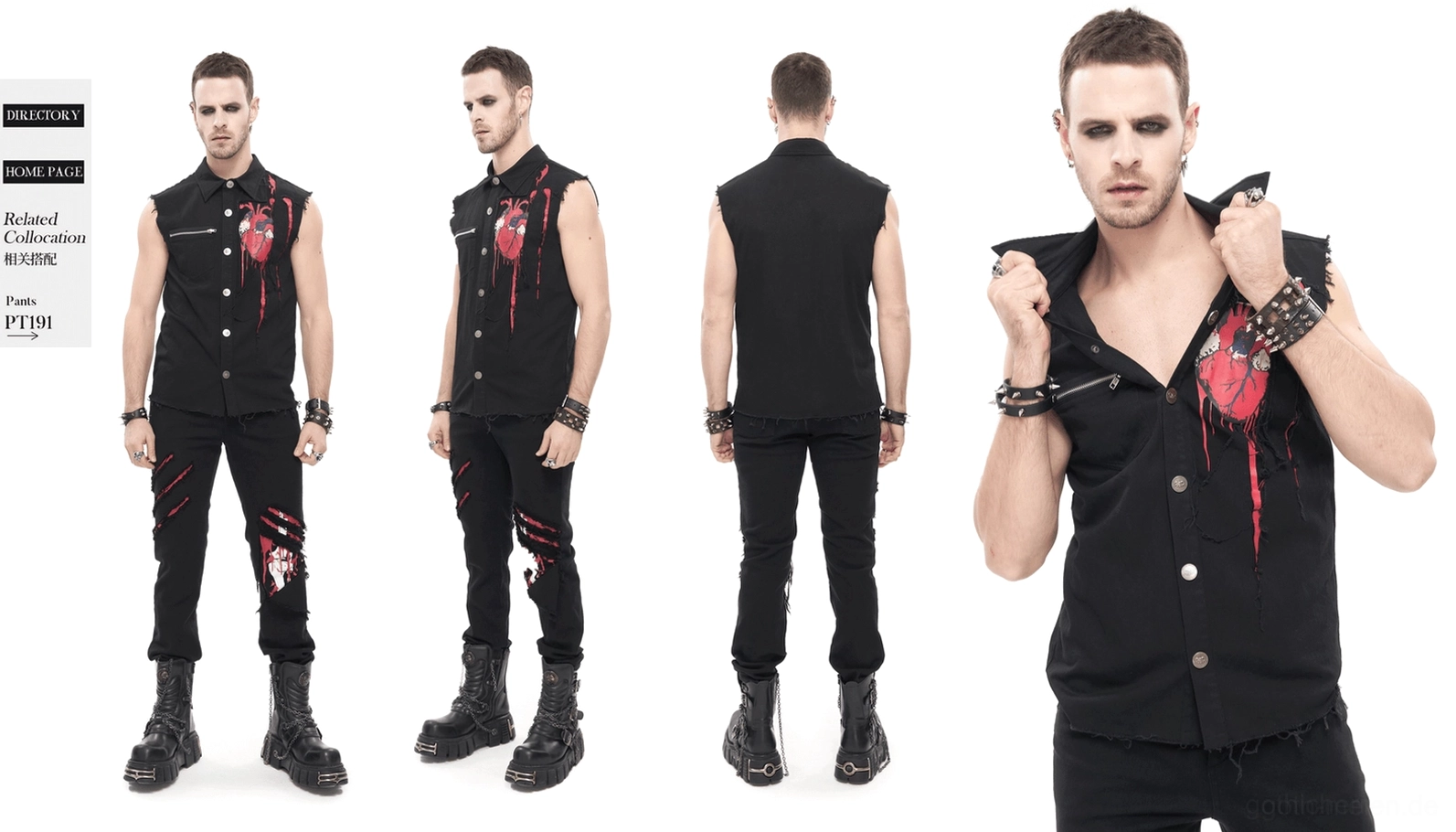 Komplette Styling-Perspektive schwarzes gotisches Herz-Muskelshirt zeigt Slim-Fit-Silhouette und männliche Konturen mit anatomischem Herz-Brustprint