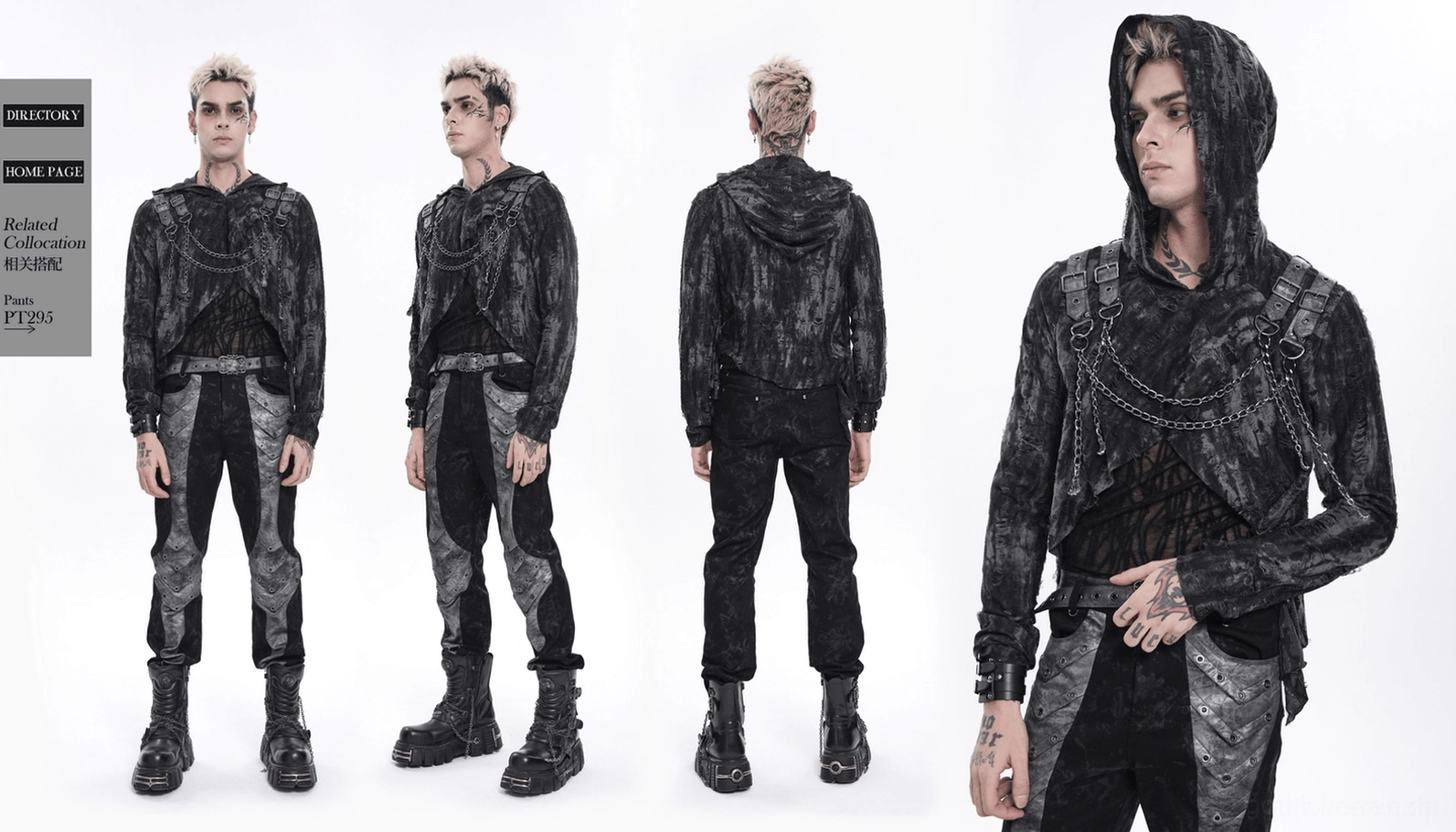 Schwarzes Gothic hooded Ketten-mesh top komplette Stil-Ansicht mit allen architektonischen Design-Elementen auf Mannequin