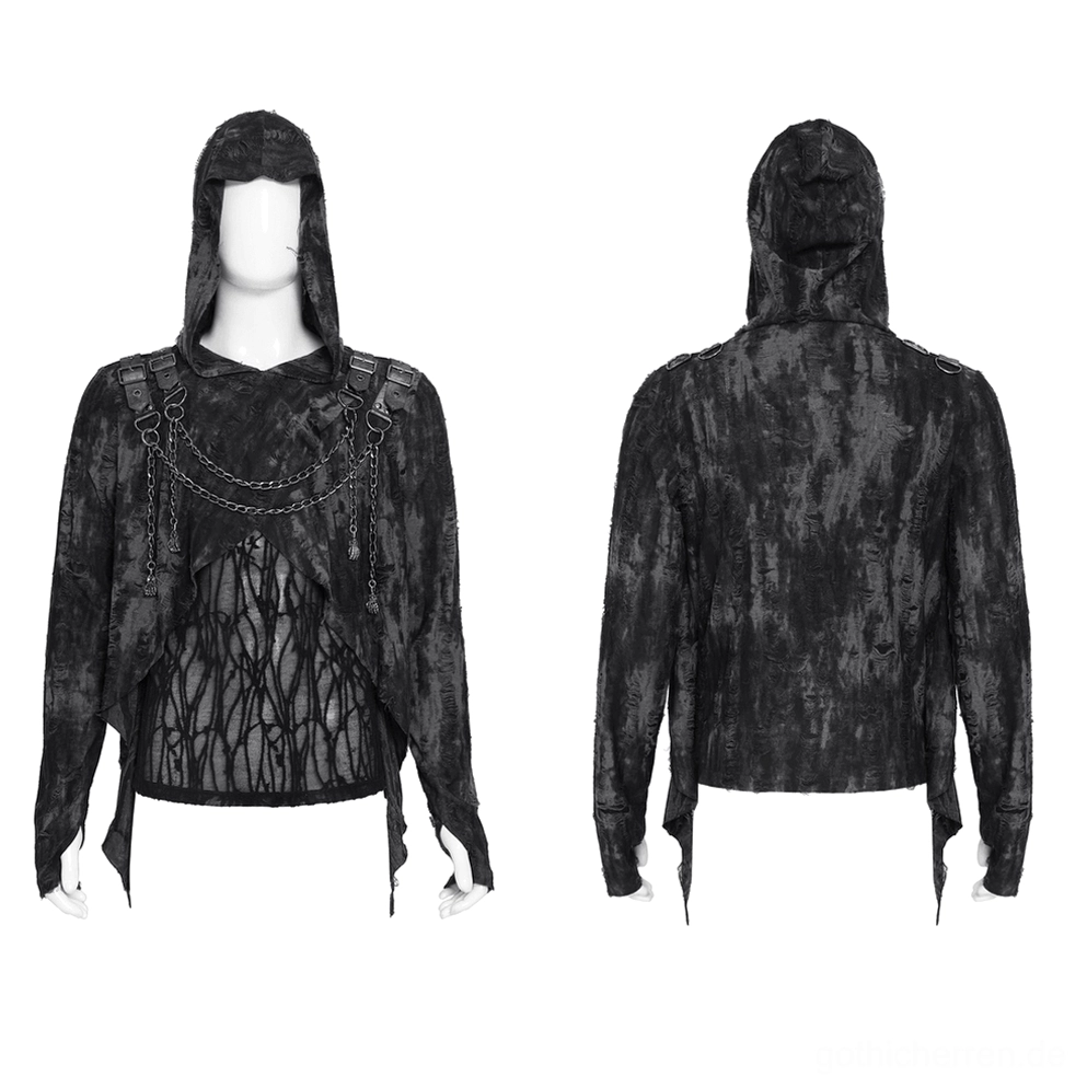 Schwarzes Gothic hooded Ketten-Harness top kombiniert mit Front- und Rückansicht-Mannequin-Display auf weißem Studio-Hintergrund
