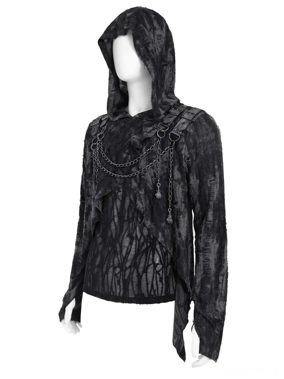 Schwarzes Gothic hooded Ketten-Harness top mit Schultergurt-Schnalle-Details in linker Seitenansicht auf Mannequin auf weißem Studio-Hintergrund
