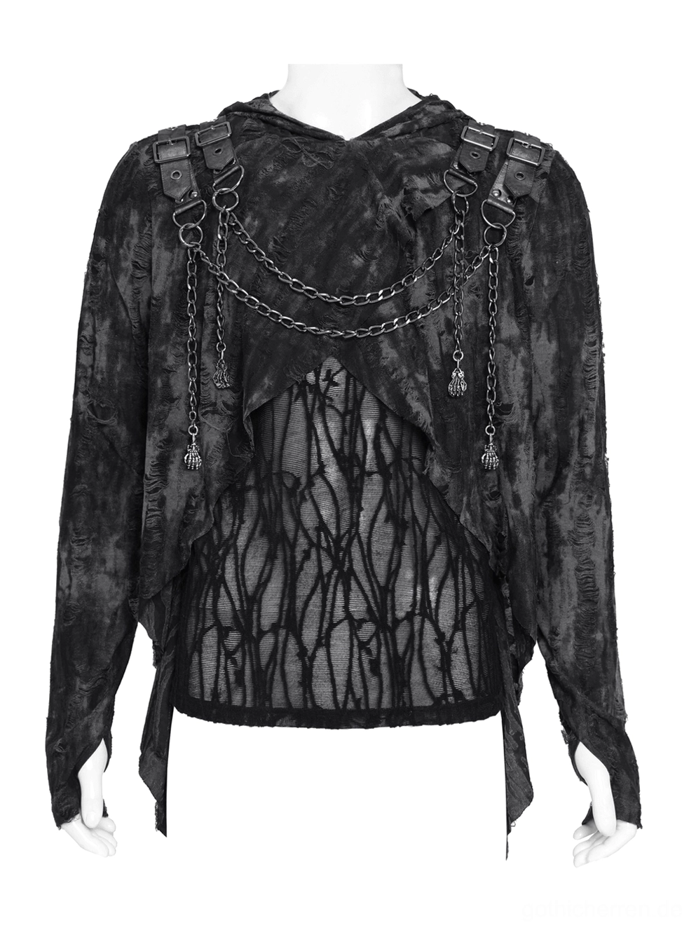 Schwarzes Gothic hooded mesh top mit Ketten-Harness Detail Nahaufnahme auf Mannequin zeigt Ketten und inneres Mesh-Gewebe