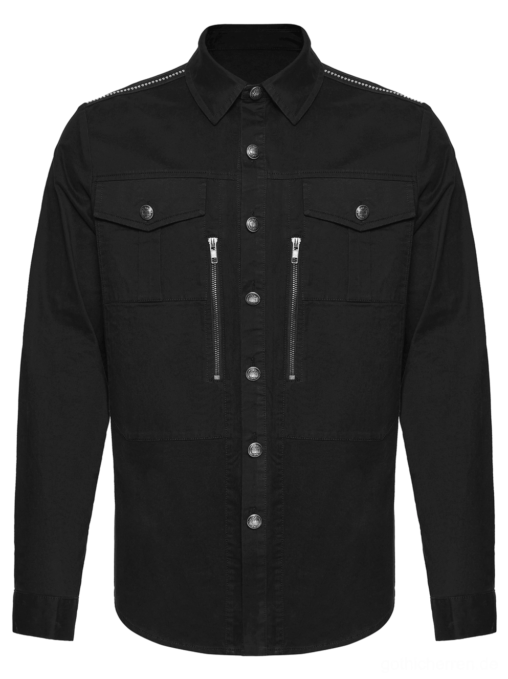 Schwarzes Gothic Industrial Workwear Hemd Frontansicht mit Reißverschluss-Taschenkonstruktion, spitzem Kragen und Metallhardware