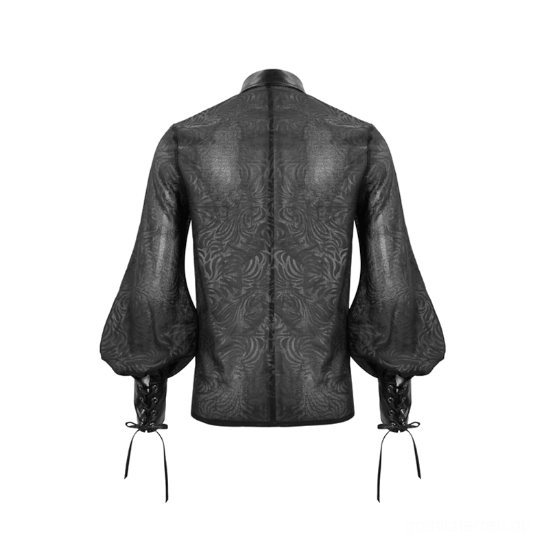 Rückenpanel-Flatlays des schwarzen gotischen Jacquard-Durchsichthemdes zeigend transparentes Mesh-Stoff-Textur und taillengeschnittene Silhouette-Details