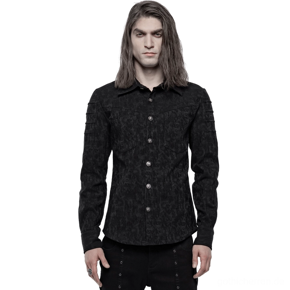 Schwarzes Gothic Jacquard Hemd mit Totenkopf-Knöpfen - Frontale Vollansicht auf männlichem Model mit langen Haaren und schwarzer Studded-Hose