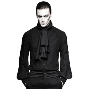 Schwarzes Gothic Jacquard Steampunk Hemd mit abnehmbarer gerüschter Ascot-Krawatte Vorderansicht, featuring Plissee-Laternenärmel und verzierte Knopfdetails auf männlichem Modell mit gotischem Make-up