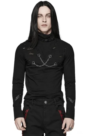 Schwarzes Gothic Kettentop mit Schnallenkragen, Frontansicht vom männlichen Modell getragen, zeigt Brustkette und Distressed-Details