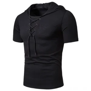Schwarzes Gothic Lace-Up Hooded T-Shirt Vorderseite mit Schnürverschluss Slim Fit Kurzarm Herren
