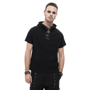 Herren schwarzes Gothic Lace-Up Hoodie Vorderansicht mit Pentagram Lace-Up Verschluss und Netz-Vordertasche auf männlichem Modell getragen