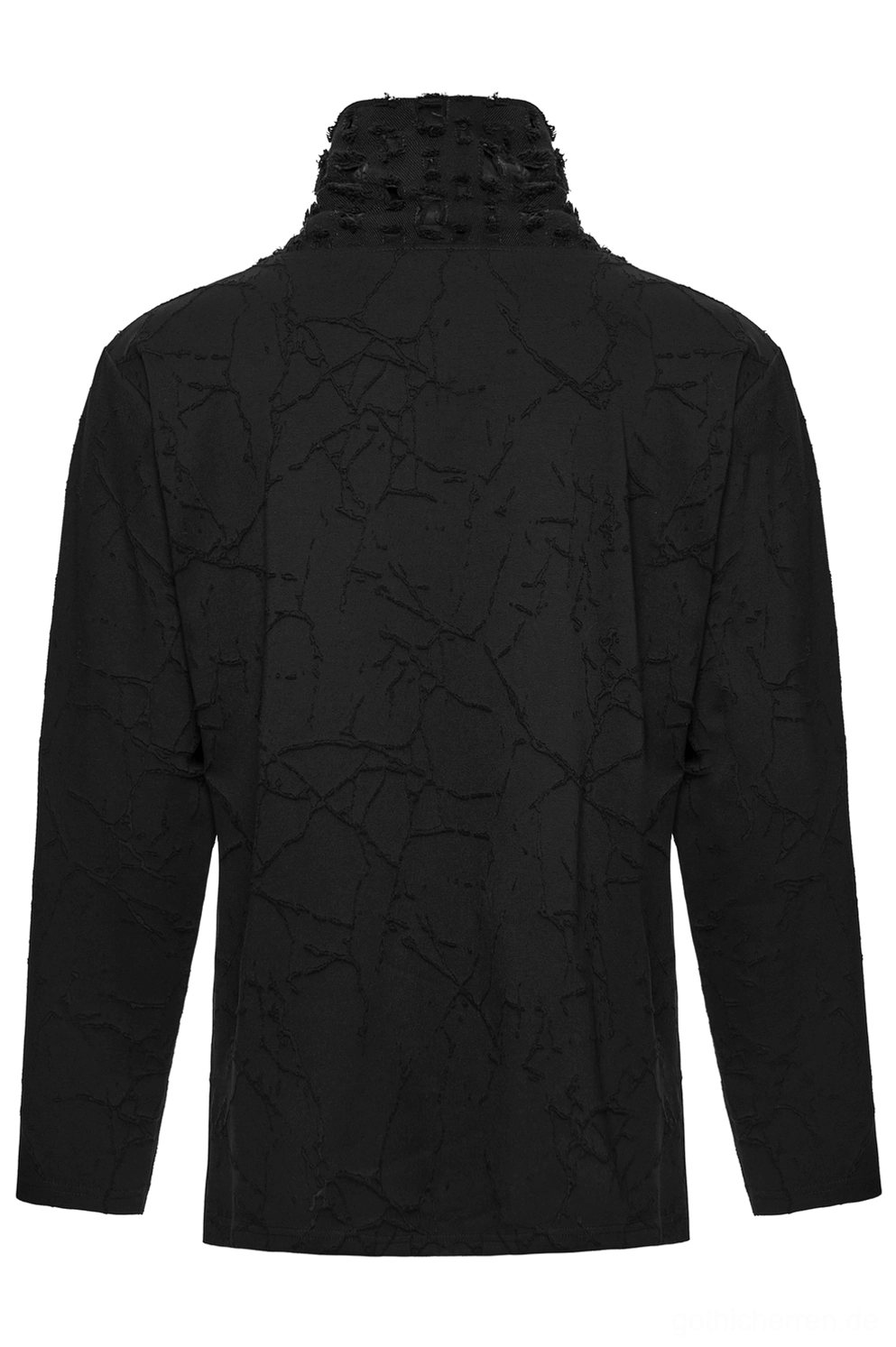 Schwarzes Gothic-Langarmshirt in Rücken-Flat-Lay-Ansicht, saubere Rückenverarbeitung, strukturierte Burnout-Strickfasern durchgehend, minimalistisches Design ohne Verzierungen