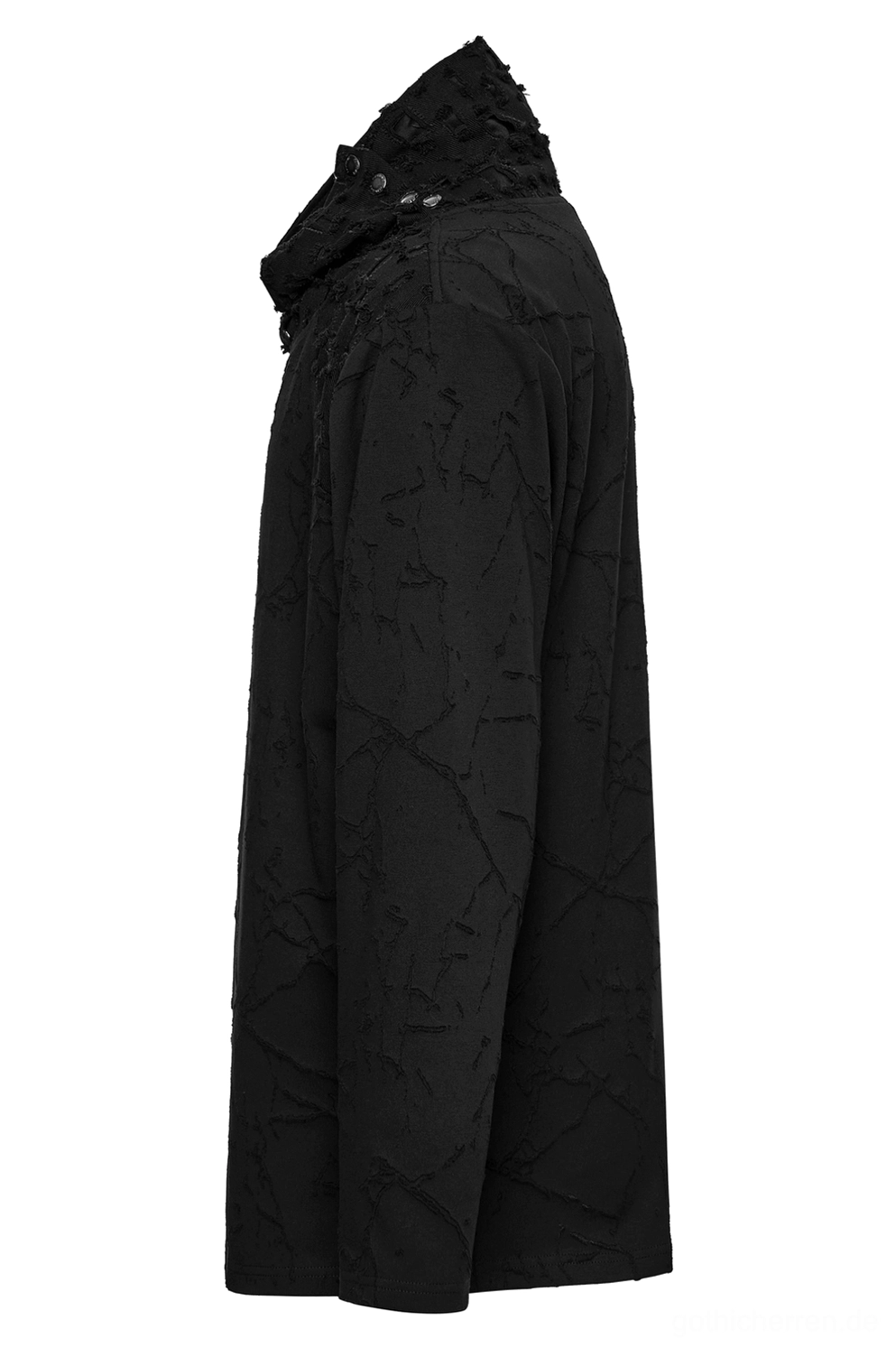 Schwarzes Gothic-Langarmshirt in Seitenansicht Flat-Lay, hoher Stehkragen strukturiert, taillierte Silhouette, strukturierte aufgerissene Burnout-Textur-Details sichtbar