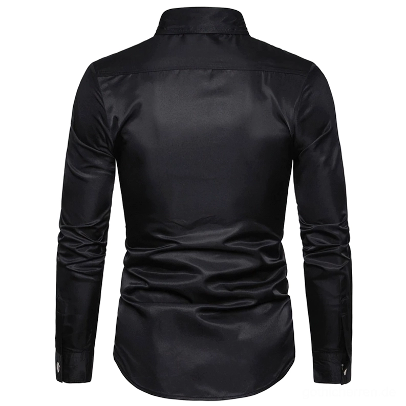 Schwarzes Gothic-Langarmhemd Rückansicht mit matter Satin-Textur und präzise verarbeiteten Details