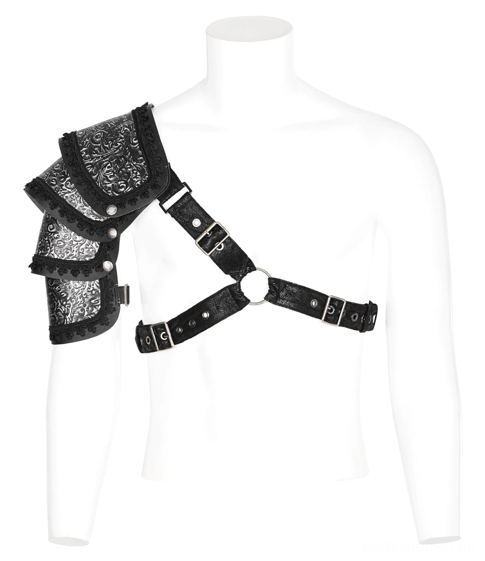 Frontalansicht schwarzes Gothic Leder-Schultergeschirr auf Mannequin mit perforierten verstellbaren Lederiemen und Schnallen