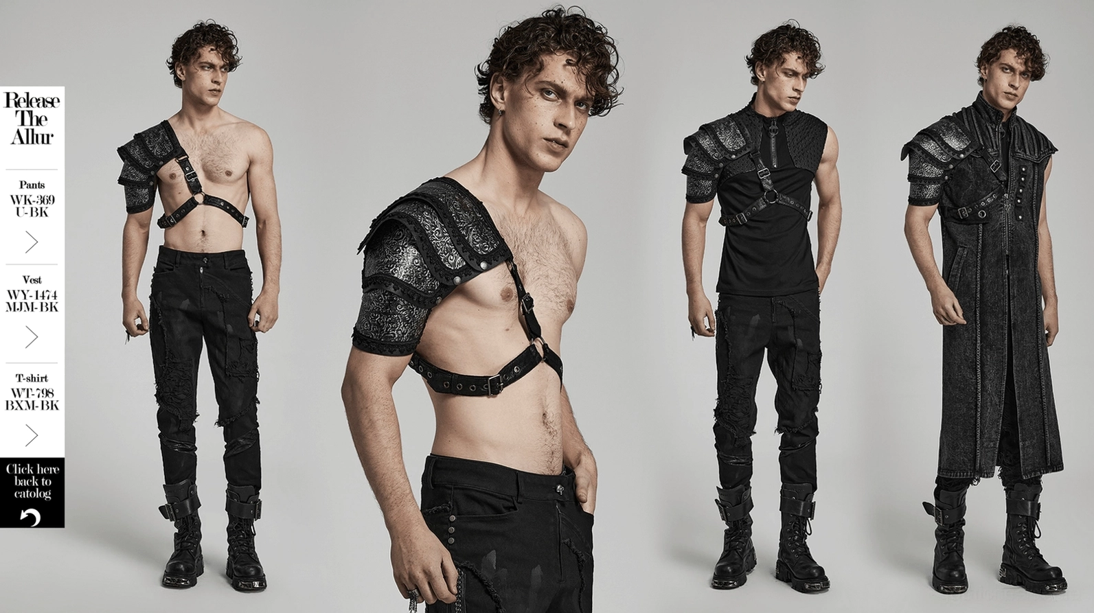 Männliches Modell trägt schwarzes Gothic Leder-Schultergeschirr mit asymmetrischer Armor-Form im Studio im Alternative-Style