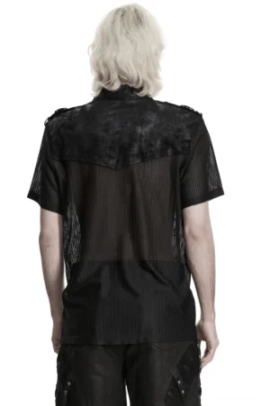 Schwarzes Gothic Mesh Hemd Rückansicht, displaying durchgehende Mesh-Paneele auf dem Rücken und strukturierte gummierte Twill-Schulterstücke