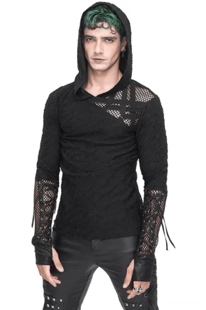 Schwarzes Gothic Mesh Kapuzen-Pullover Vorderansicht männliches Modell mit grünen Haarsträhnen, asymmetrische Mesh-Details und Schnür-Ärmel sichtbar, urbane Alternative Mode Look