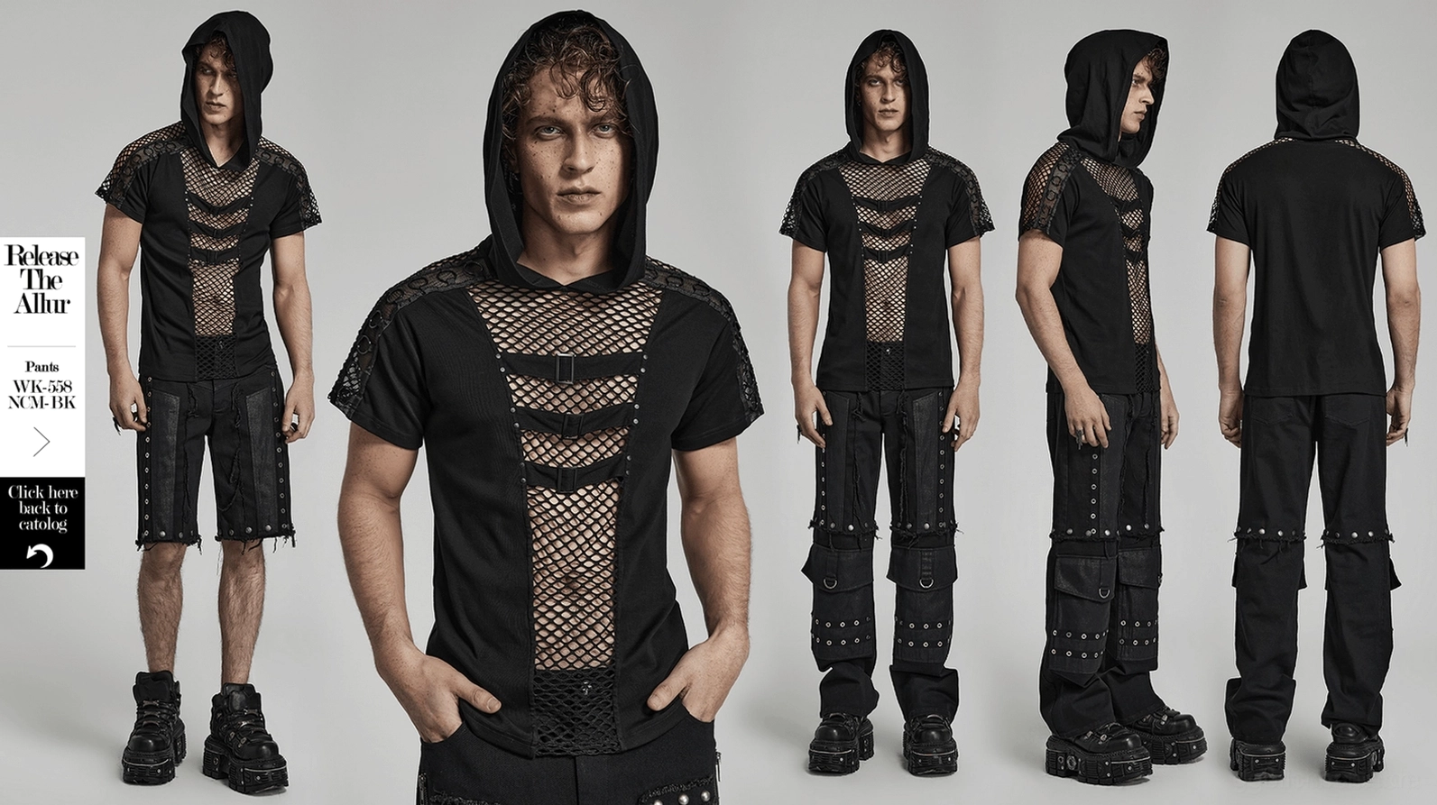 Schwarzes Gothic Mesh Kapuzen-T-Shirt Produkt-Übersicht Hauptbild für Herren Alternative Fashion - Hauptansicht