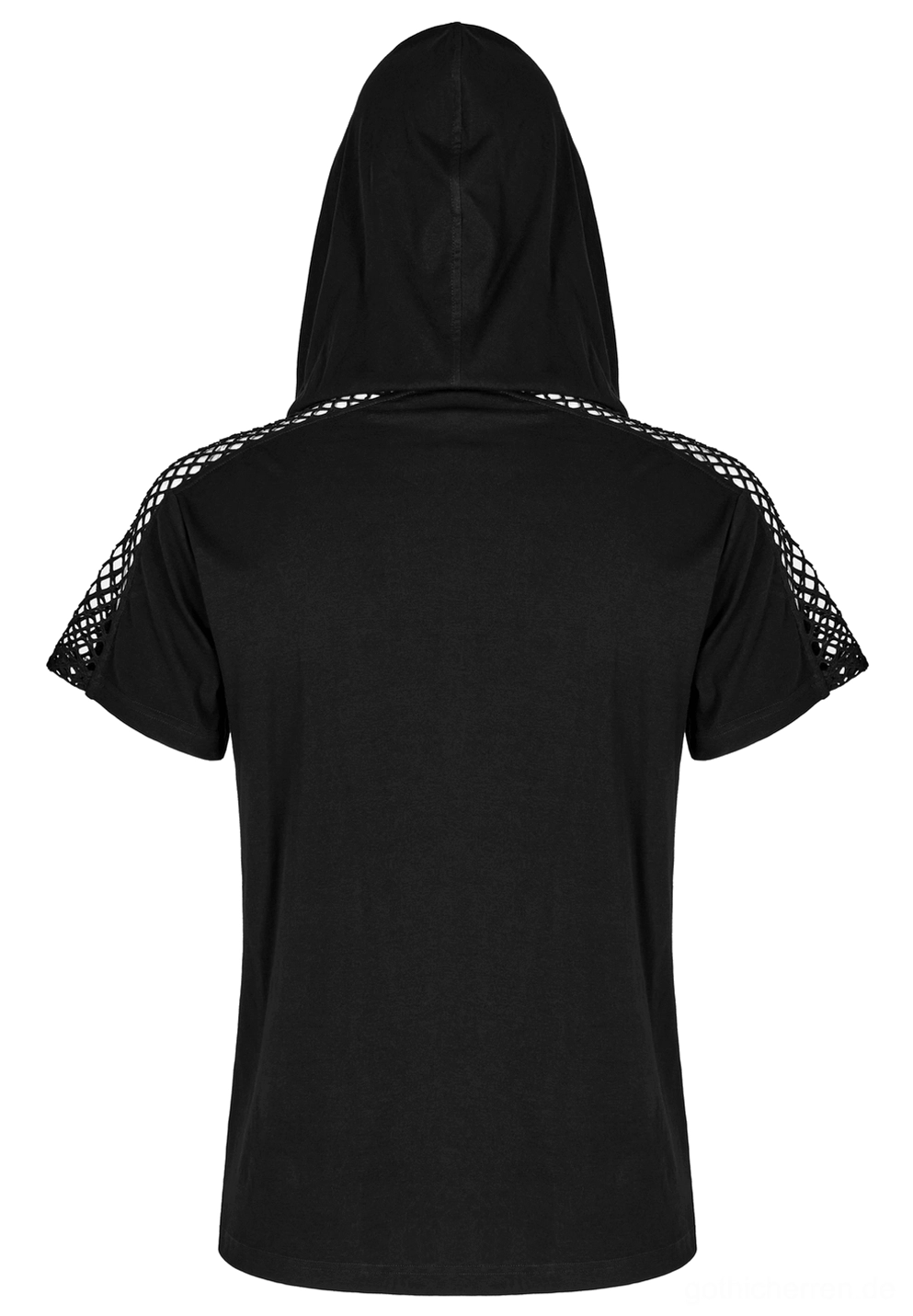 Schwarzes Gothic Mesh Kapuzen-T-Shirt Rückansicht auf Schaufensterpuppe mit solidem Material und Netz-Ärmeln - Herren Darkwave Style