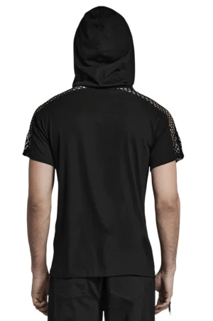 Schwarzes Gothic Mesh Kapuzen-T-Shirt Rückansicht zeigt solides Material und Netz-Ärmelkappchen - Herren Subkultur Mode