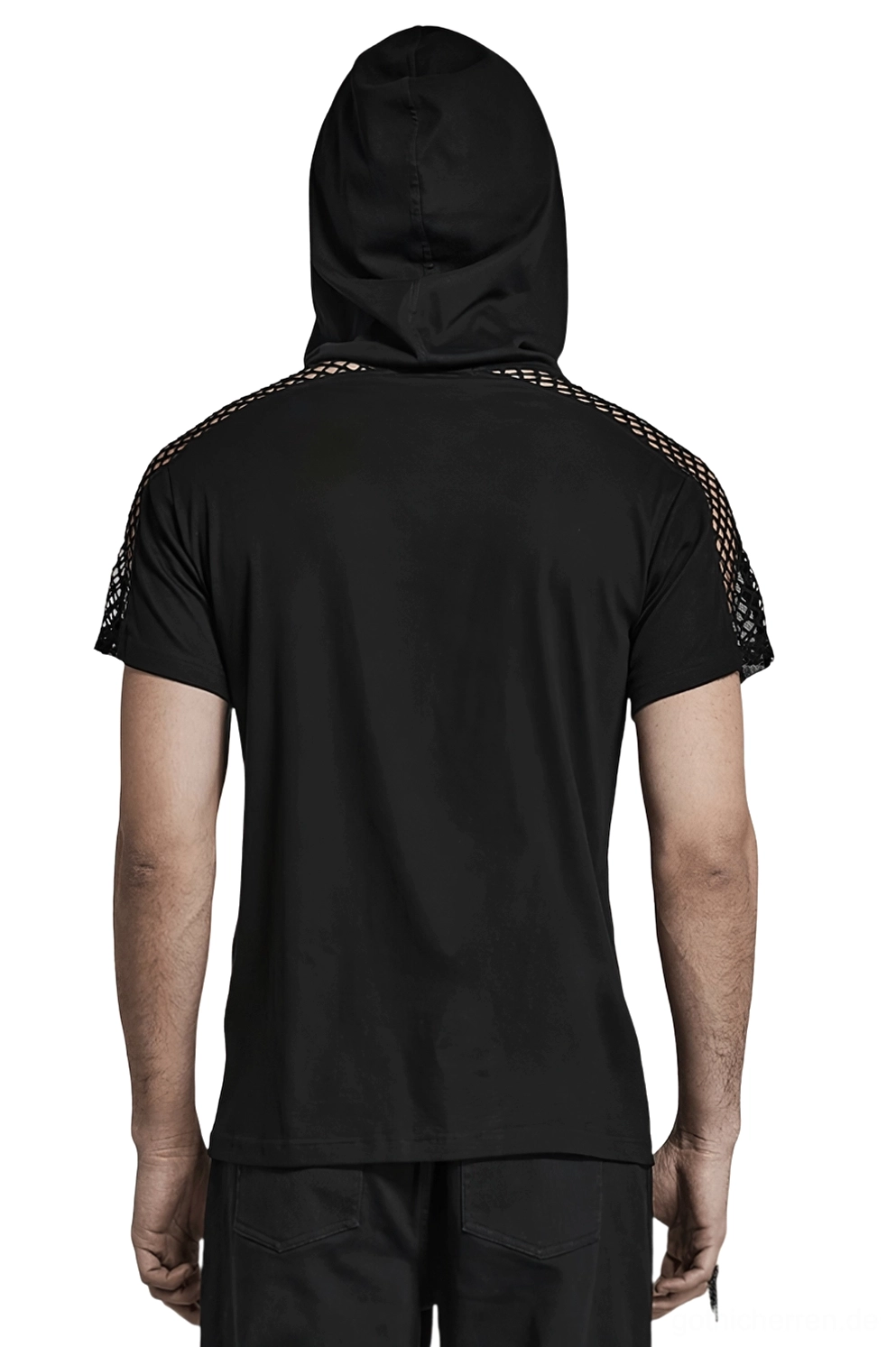 Schwarzes Gothic Mesh Kapuzen-T-Shirt Rückansicht zeigt solides Material und Netz-Ärmelkappchen - Herren Subkultur Mode