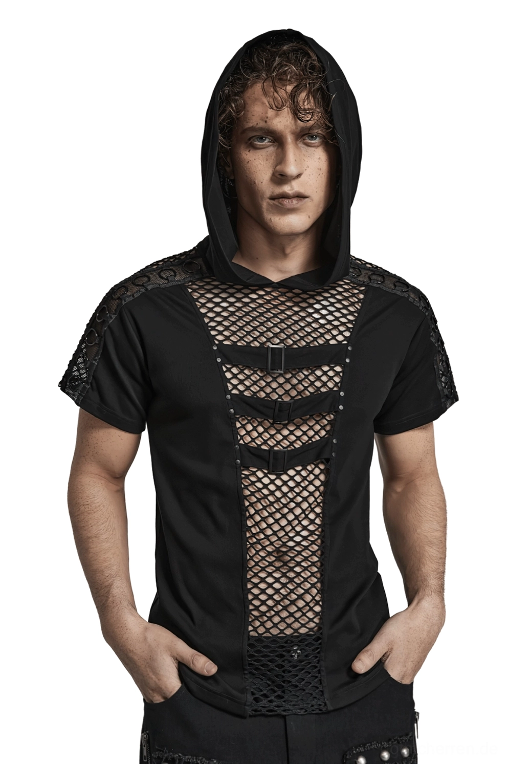 Schwarzes Gothic Mesh Kapuzen-T-Shirt Vorderansicht mit Schnallengurt-Details - Herren Alternative Fashion Streetwear