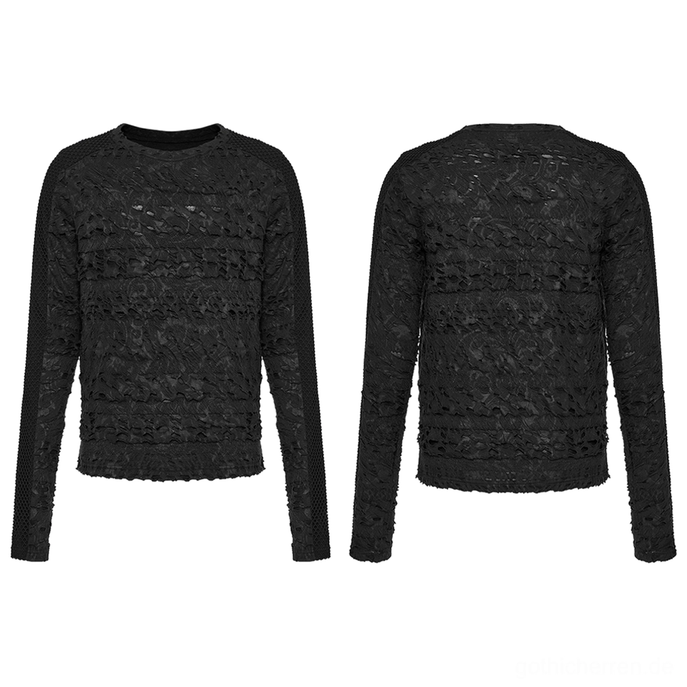 Schwarzes gothisches Mesh-Langarm-Sweatshirt Flatlays Vorder- und Rückenansicht mit durchgehend schwarzer Konstruktion und Distressed-Musterung