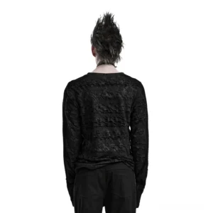 Schwarzes gothisches Mesh-Langarm-Pullover Rückenansicht mit Distressed-Textur und Mesh-Panel-Integration auf männlichem Modell in Alternative-Kleidung