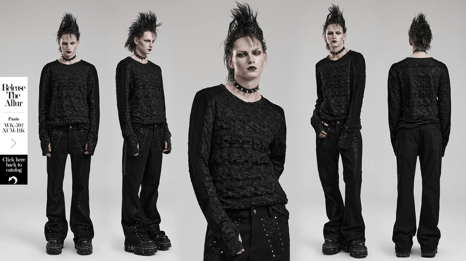 Schwarzes gothisches Mesh-Langarm-Sweatshirt in Vollproduktansicht mit durchgehend schwarzer Farbe und Distressed-Ästhetik in Alternative-Styling