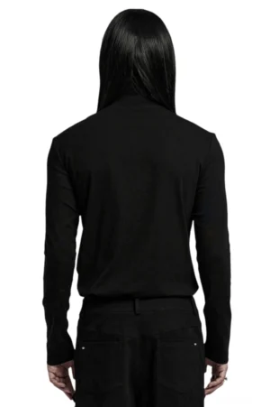 Rückansicht des schwarzen Gothic Mesh Langarmshirts mit Stand-Kragen – minimalistisches Design und schmale taillierte Silhouette