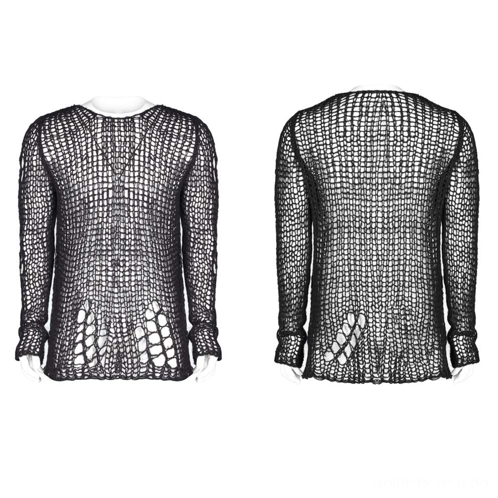 Vordere Flachlage des schwarzen distressed Gothic Netzpullovers auf Schneiderpuppe mit Rundhalsausschnitt, offenem Maschenwerk und zerfranstem Saum