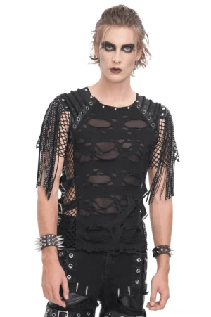 Schwarzes Gothic Mesh T-Shirt mit Fransen und silbernen Nieten - Gothic Herren Shirt von vorn getragen mit Nieten-Accessoires