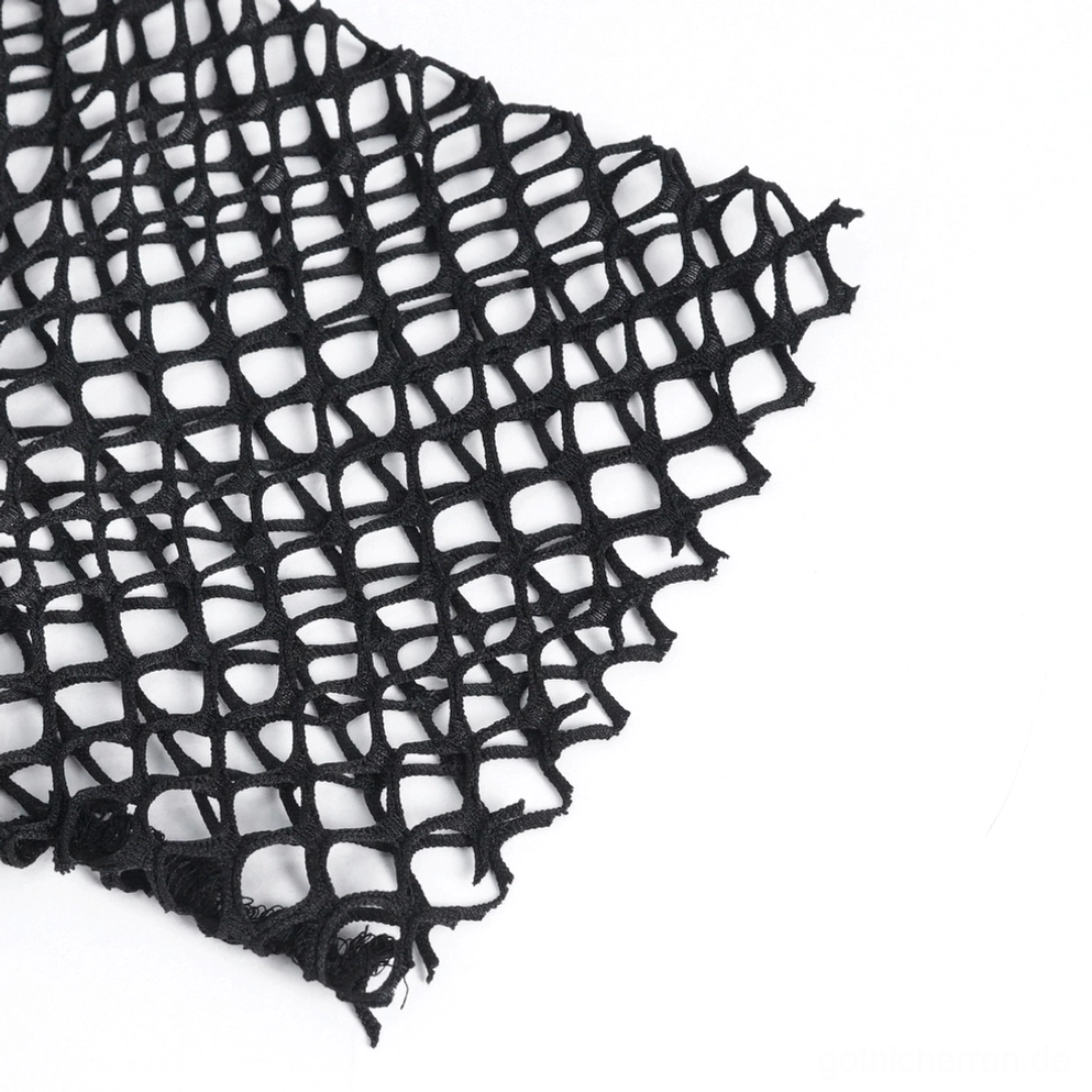 Schwarzes Gothic Mesh T-Shirt Frontansicht vollständig - Komplette Konstruktion und Fransendetaillierung auf weißem Hintergrund sichtbar
