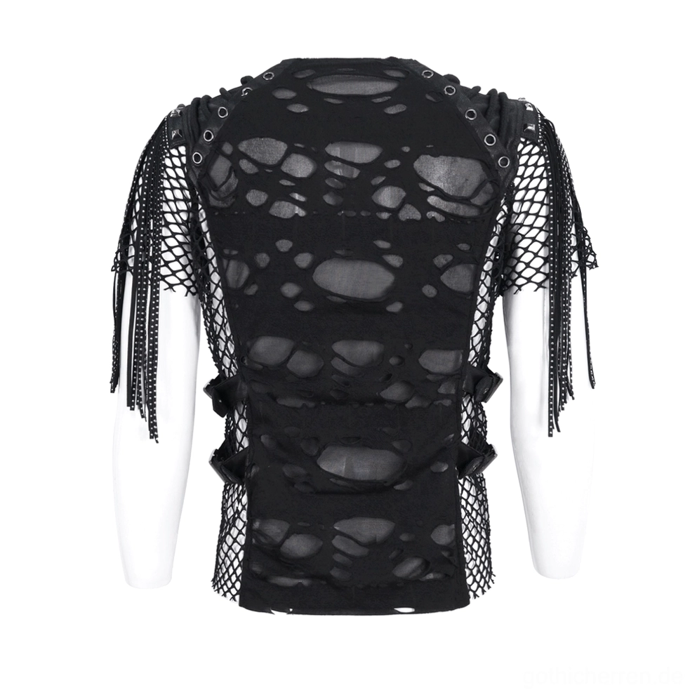 Rückansicht schwarzes Gothic Mesh T-Shirt mit Grommet-Bordüre - Produktfoto mit Fransenfischschnur-Ärmeln auf Mannequin
