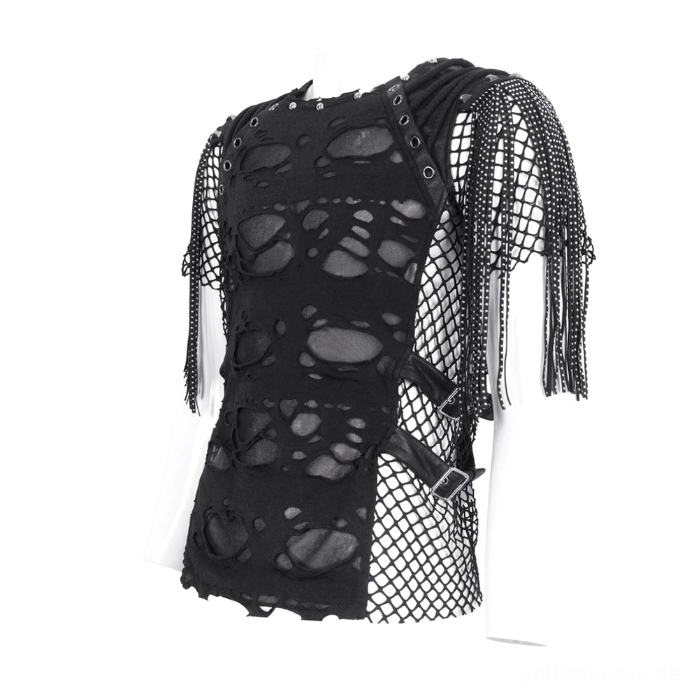 Dreiviertelnansicht schwarzes Gothic Mesh T-Shirt - Frontalansicht mit Netzfransenärmeln und verformter Stoffkonstruktion