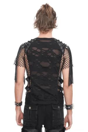 Rückansicht schwarzes Gothic Mesh T-Shirt mit Fransendetails und Grommet-Hardware - Darkware Mode kombiniert mit gegrommelter Hose