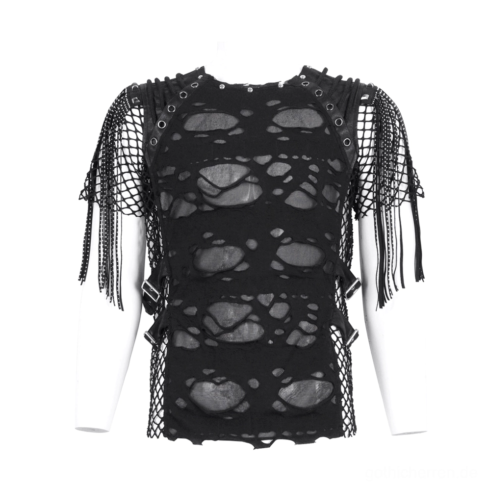Schwarzes Gothic Mesh T-Shirt auf Schaufensterpuppe gezeigt - Vorderansicht mit Seitenriemen und Fransenärmeln