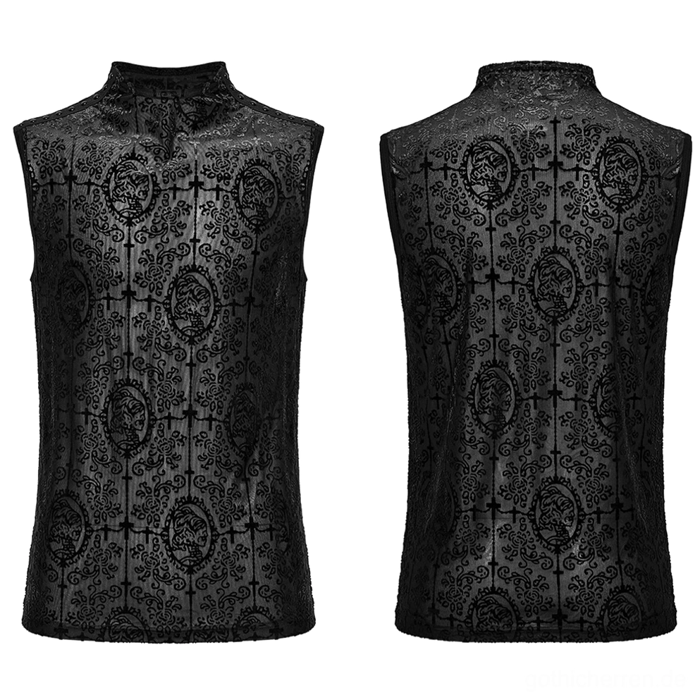 Flachlage-Display des schwarzen Gothic Mesh Tanks mit Vorder- und Rückseite, zeigt intricate geflockte Kreuz-Medaillon- und Totenkopf-Design
