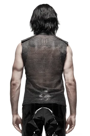 Rückenansicht des Herren Gothic Mesh Ärmellos Tank Top mit transparentem Mesh-Rücken, Leder-Schulter-Paneele und Nietendetails