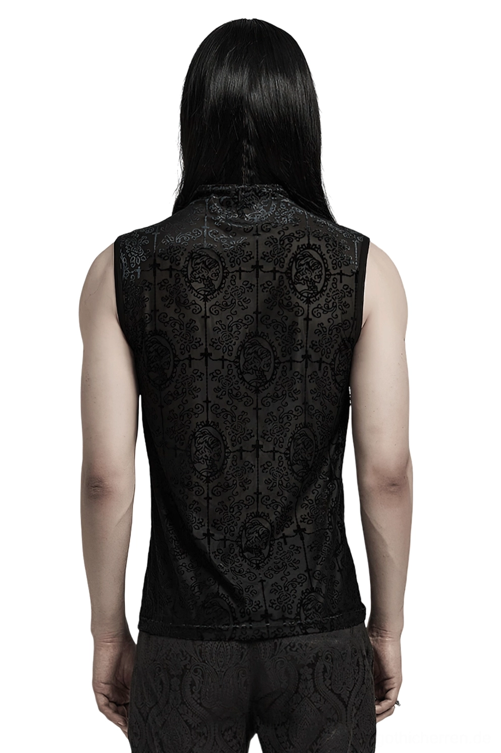 Rückenansicht des schwarzen Gothic Mesh Tank Tops mit durchgehendem Flock-Muster und dekorativen Nieten-Schultergurten im Studio