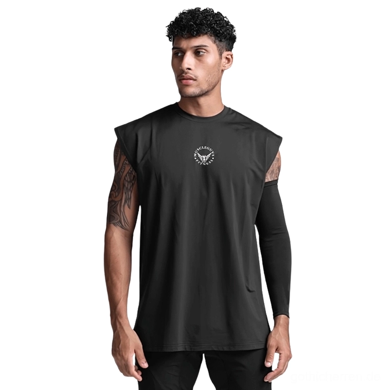 Schwarzes Gothic Mesh Tanktop für Herren ärmellos, Frontansicht auf tätowiertem männlichen Modell mit Brustdruck, Gothic Muskelshirt