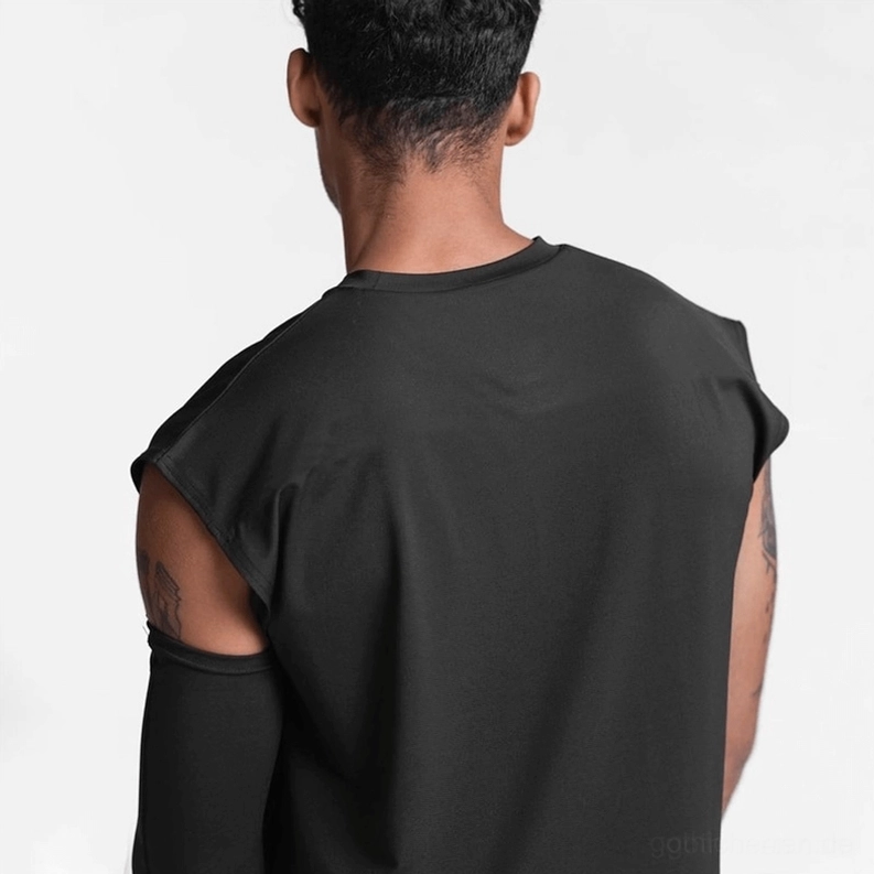 Schwarzes Gothic Mesh Tanktop Rückansicht, ärmellos Hemd für Herren, Passformdetail Muskelshirt