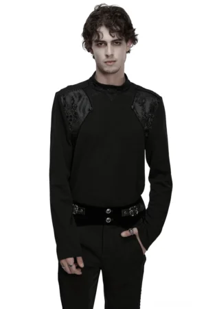 Schwarzes Gothic Mock-Neck Sweatshirt mit Spitzen-Schulterpaneelen – Vorderansicht auf Modell zeigt figurbetonten Schnitt und detaillierte Spitzenverzierungen